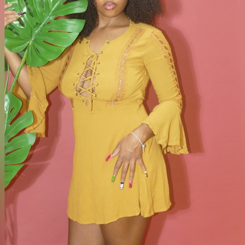 Mustard Lace-Up Women’s Dress